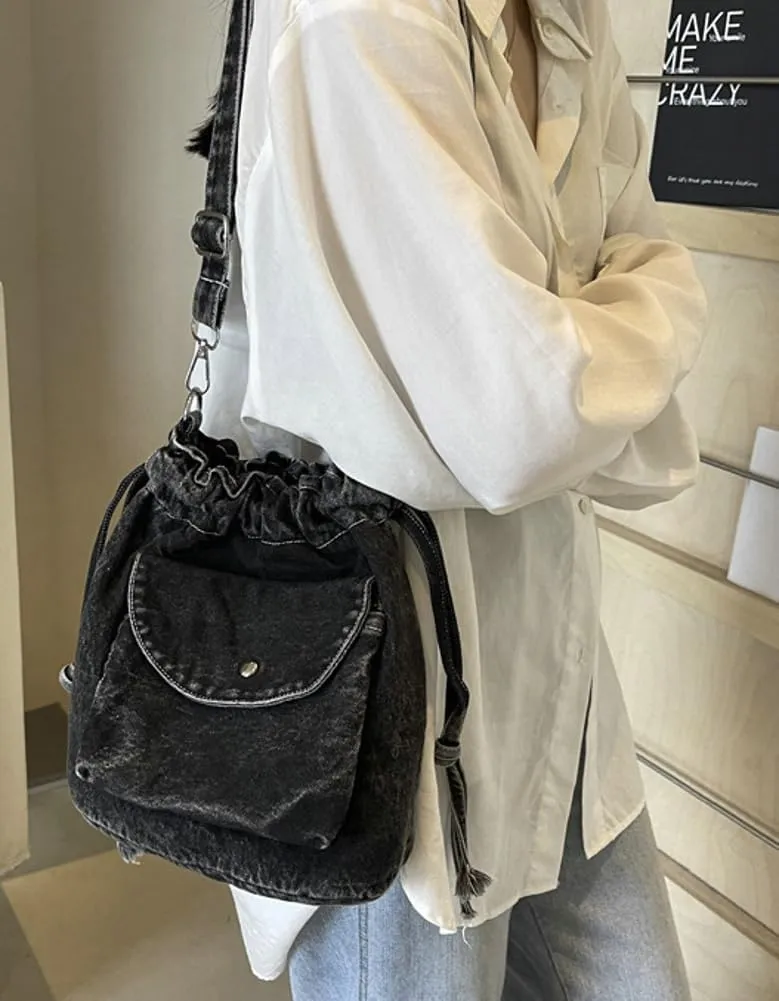 Womens Small Denim Shoulder Crossbody Bag Canvas Bucket Tote Bag Drawstring Lightweight Phone Purse Handbags