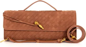 Women's Woven Suede and PU Leather Clutch Purse - Elegant Top-Handle Shoulder Crossbody Evening Bag with Detachable Strap