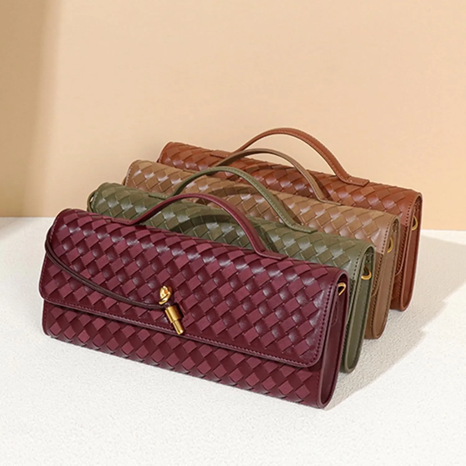 Women's Woven Suede and PU Leather Clutch Purse - Elegant Top-Handle Shoulder Crossbody Evening Bag with Detachable Strap