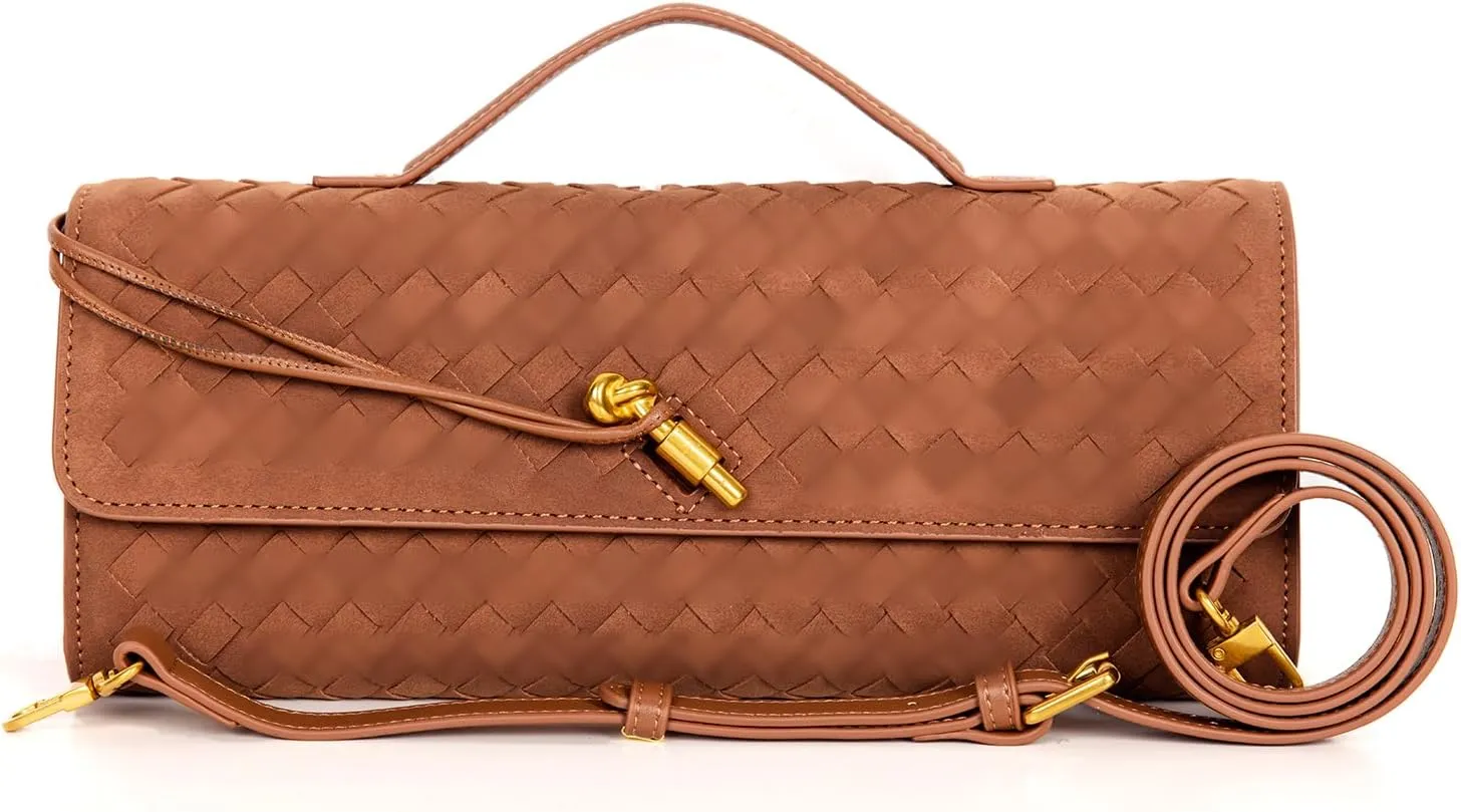 Women's Woven Suede and PU Leather Clutch Purse - Elegant Top-Handle Shoulder Crossbody Evening Bag with Detachable Strap