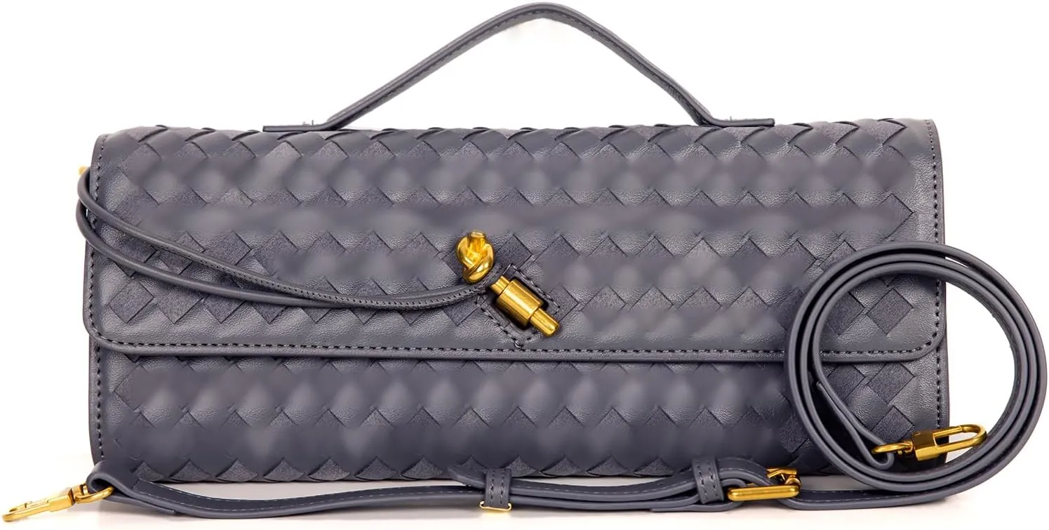 Women's Woven Suede and PU Leather Clutch Purse - Elegant Top-Handle Shoulder Crossbody Evening Bag with Detachable Strap