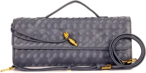 Women's Woven Suede and PU Leather Clutch Purse - Elegant Top-Handle Shoulder Crossbody Evening Bag with Detachable Strap