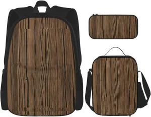 Wood Grain Print Pencil Case Lightweight Casual Fashion Backpack Lunch Bag Large Capacity Travel Bag