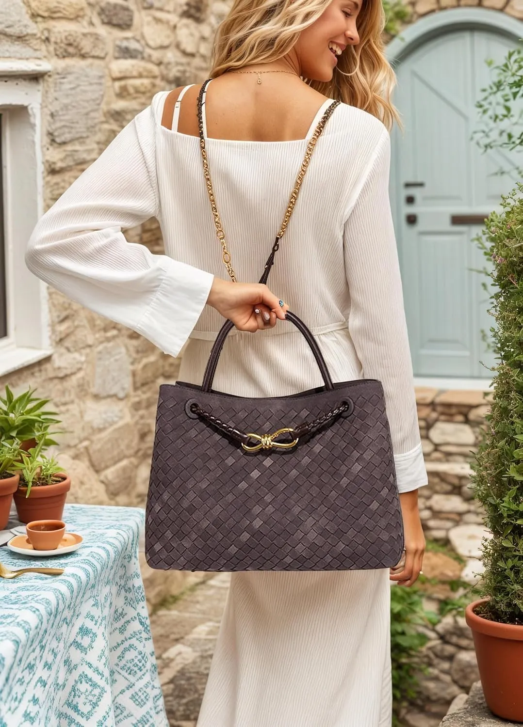 Woven Bag for Women, Suede Bag Top Handle Satchel PU Leather Tote Woven Purse Handbag Shoulder Bag