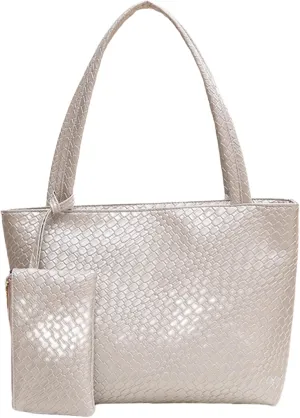 Woven Tote Bags Vegan Leather Purses and Handbags for Women Top Handle Ladies Shoulder Bags 2pc Set