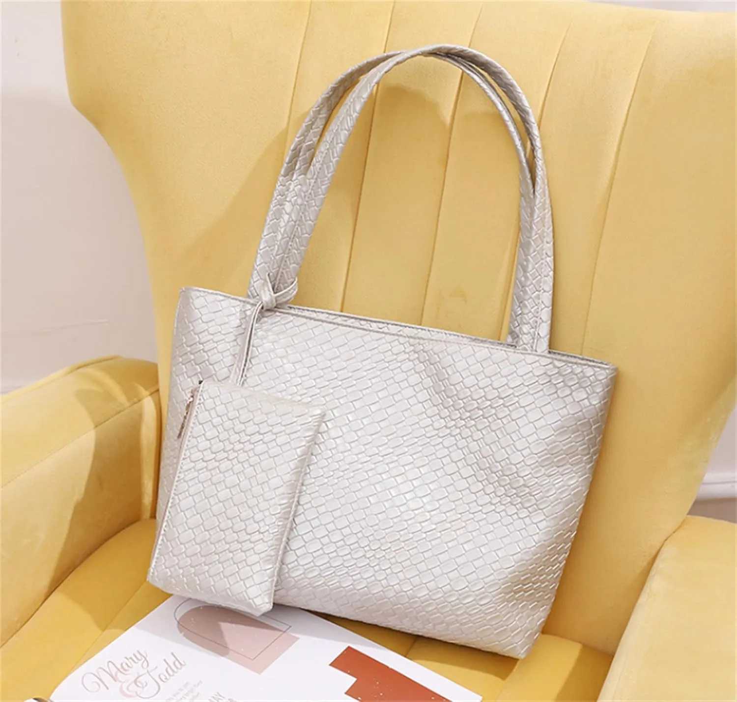 Woven Tote Bags Vegan Leather Purses and Handbags for Women Top Handle Ladies Shoulder Bags 2pc Set
