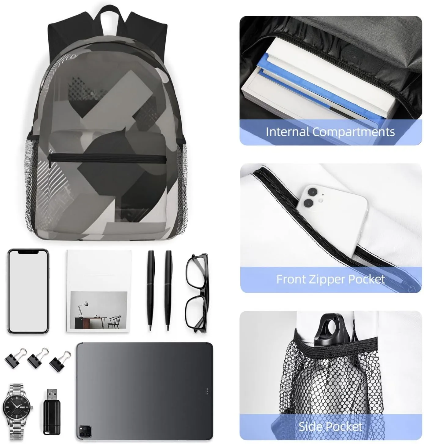 WURTON Abstract Gray Print Backpack Versatile Casual Bag For Travel, Work Sports Fashionable ï¼ŒBackpacks