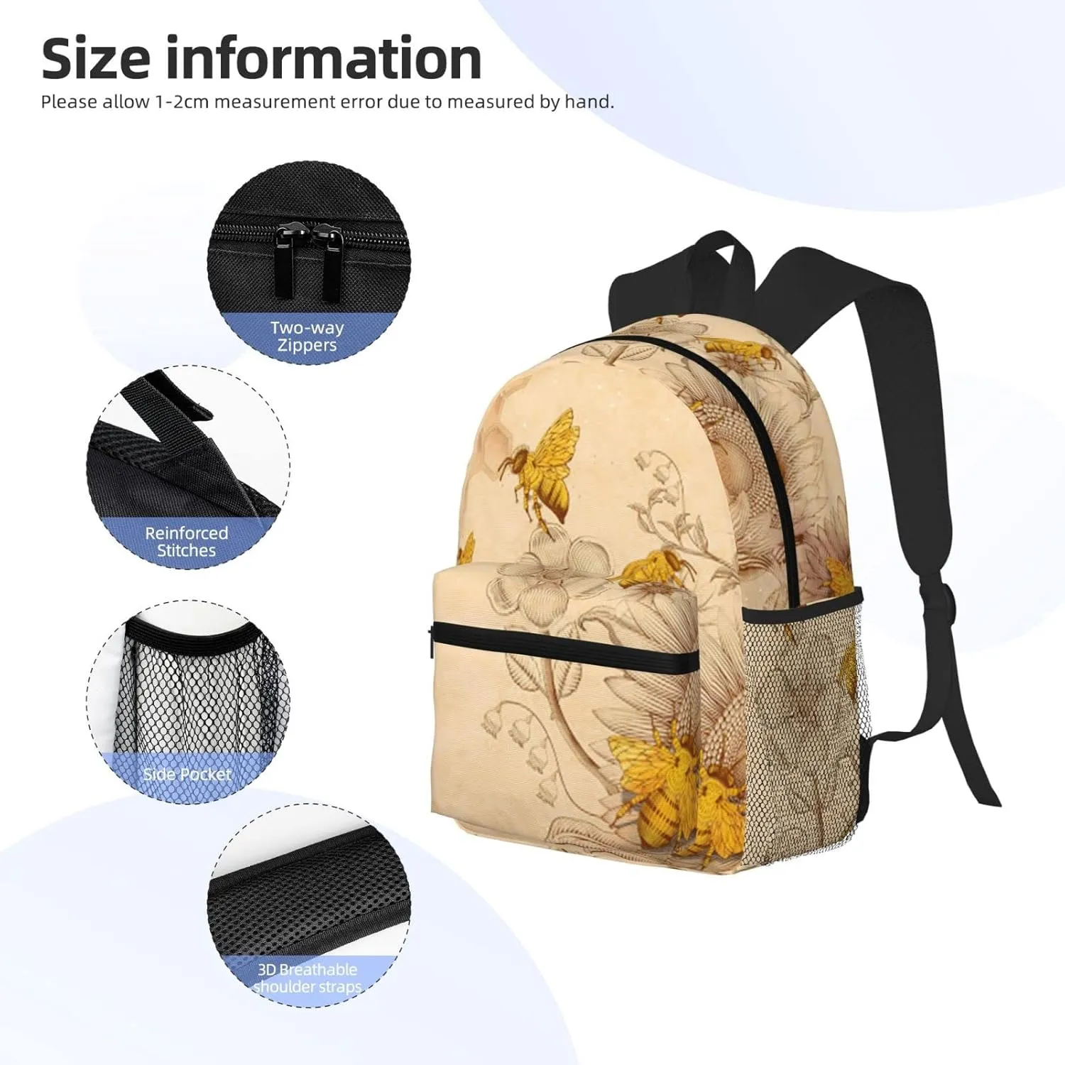 Wurton Rural Honey Bees Flowers Print Multipurpose Casual Bag With Fashionable Travel,Work Outdoor Activities Backpack