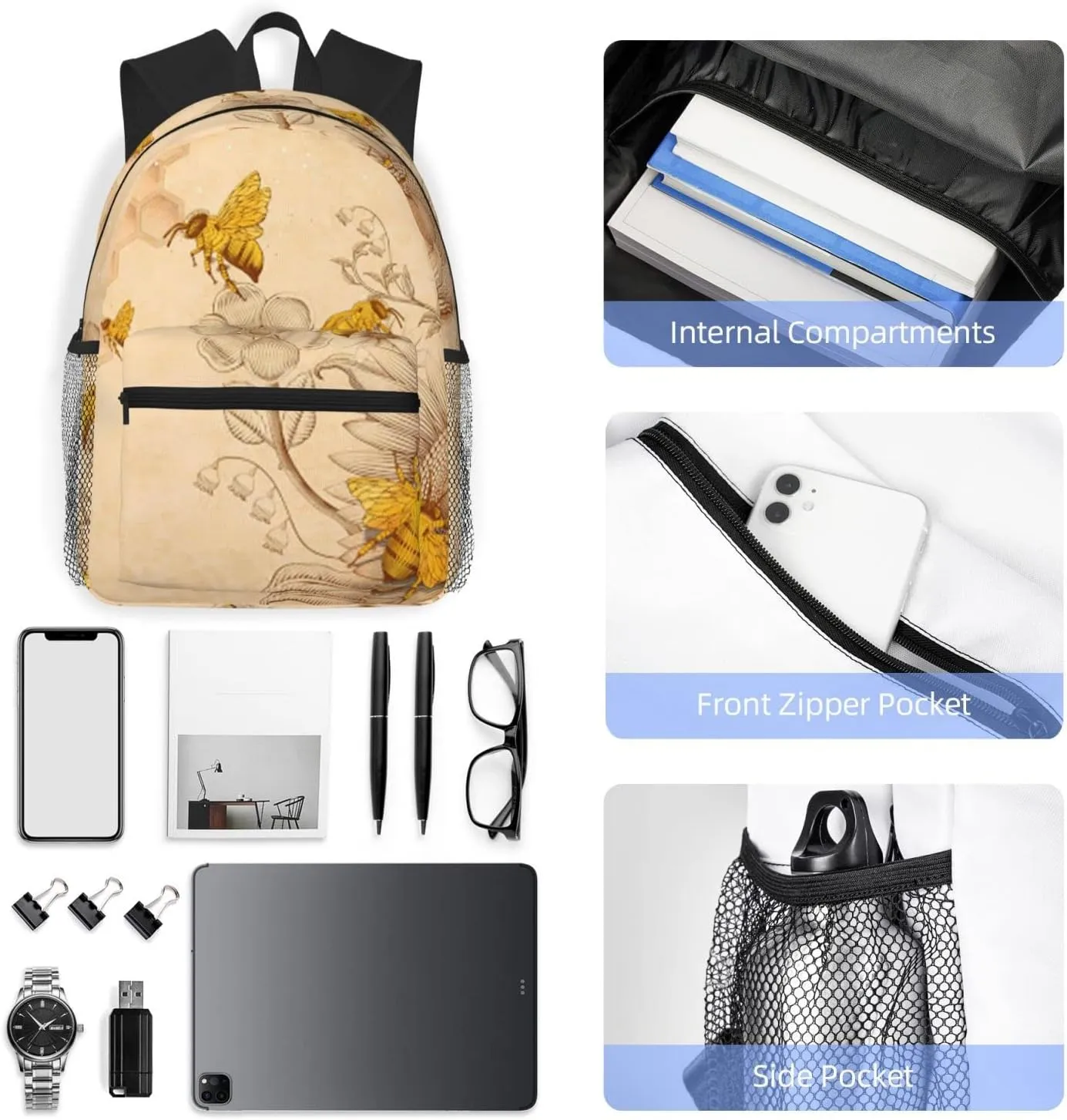 Wurton Rural Honey Bees Flowers Print Multipurpose Casual Bag With Fashionable Travel,Work Outdoor Activities Backpack
