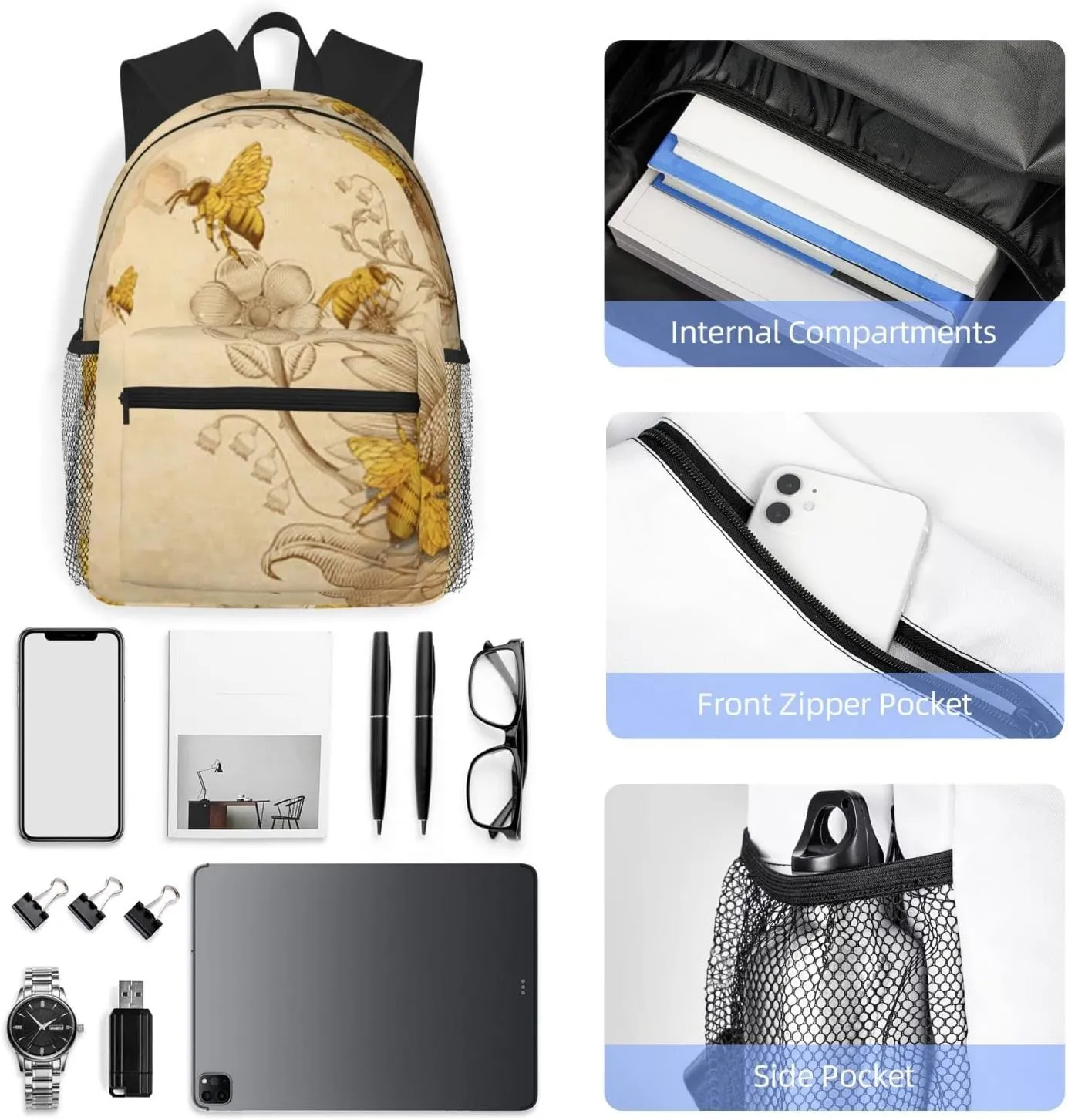 Wurton Rural Honey Bees Wildflowers Print Multipurpose Casual Bag With Fashionable Travel,Work Outdoor Activities Backpack