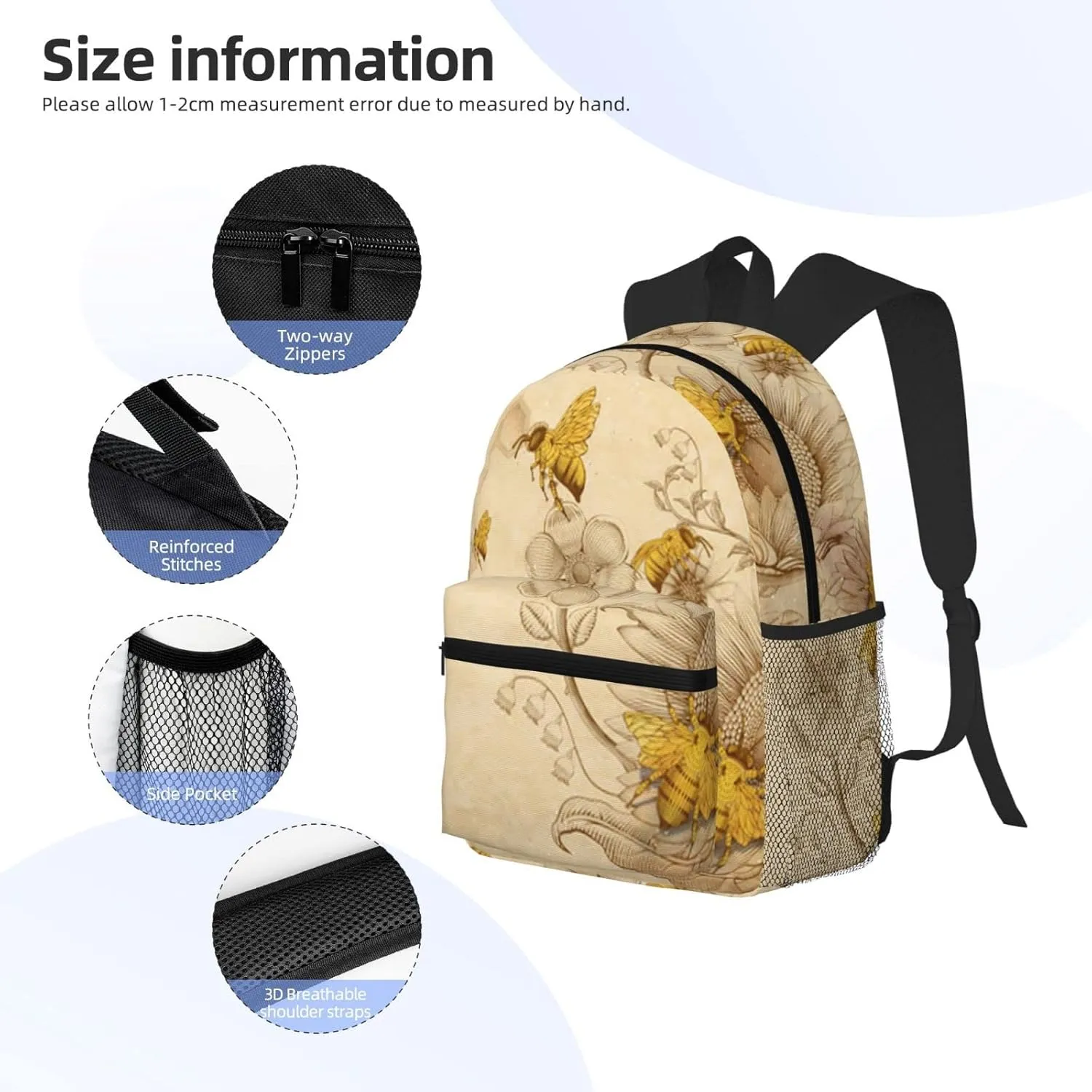 Wurton Rural Honey Bees Wildflowers Print Multipurpose Casual Bag With Fashionable Travel,Work Outdoor Activities Backpack