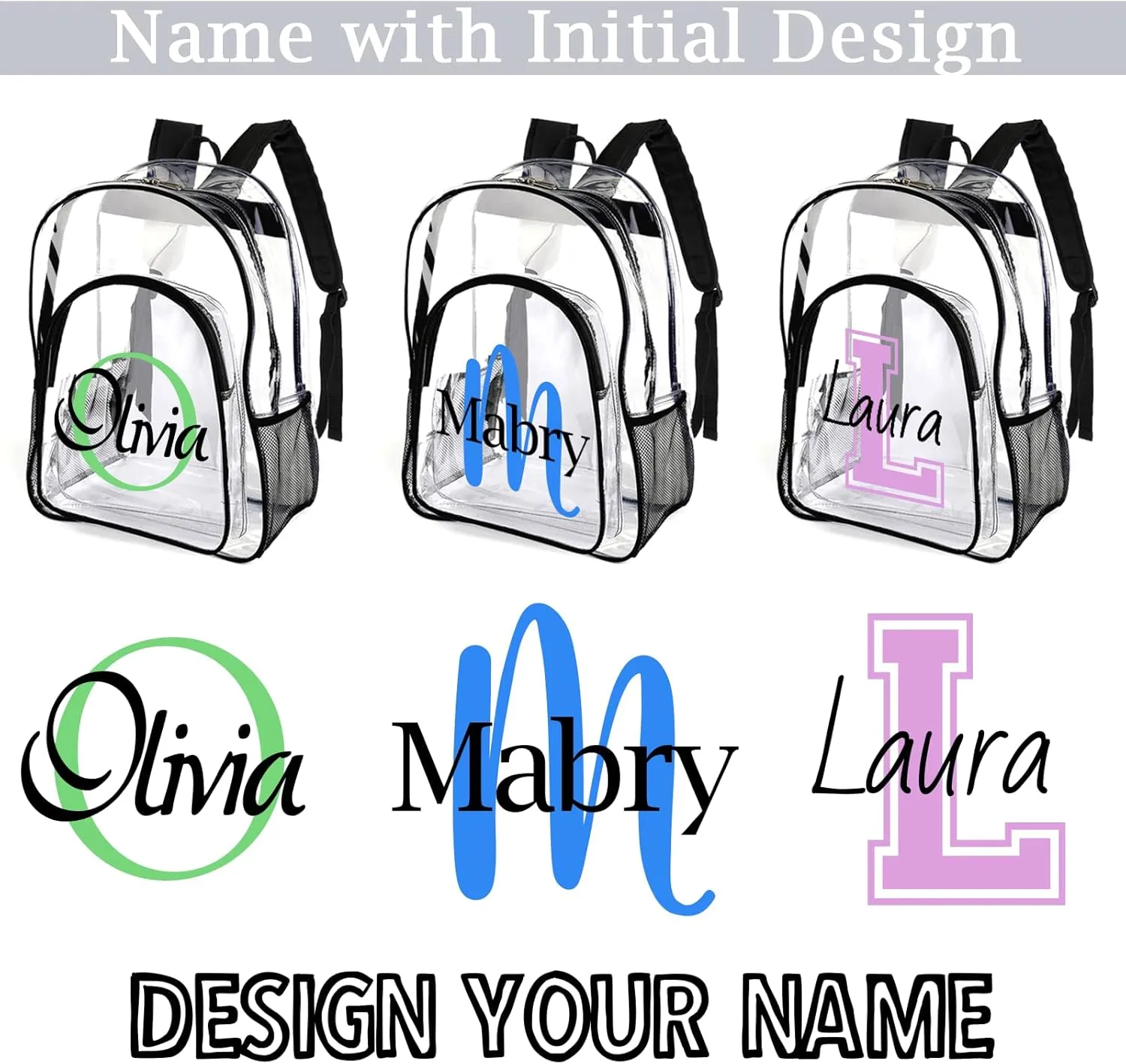 xrlsg Personalized Clear Backpack for Girls Boys Custom Name PVC Transparent Backpacks Perfect for School Office - Initial & Name 1