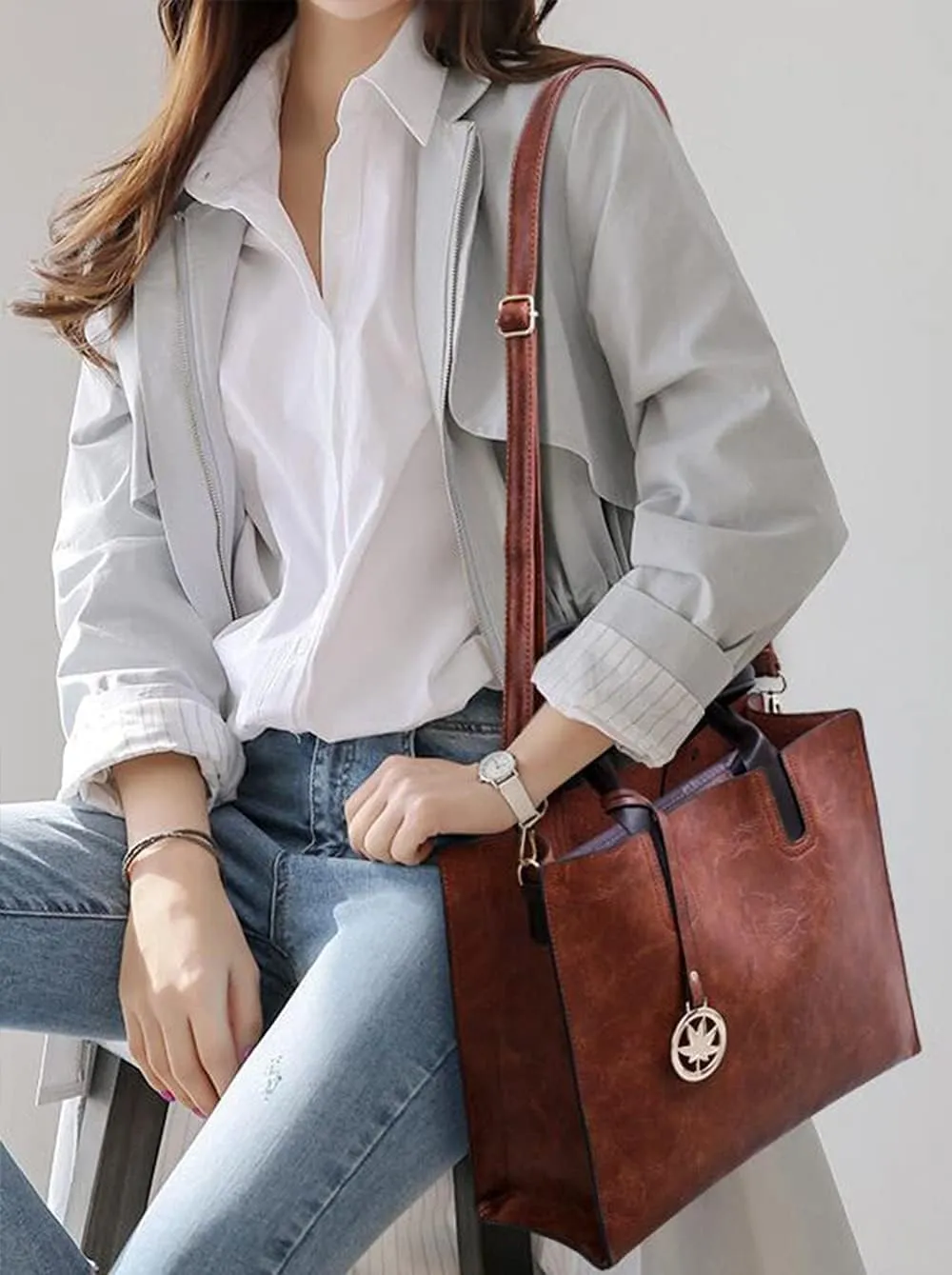 XXGJOALD-Women PU Leather Tote Hobo Shoulder Crossbody Bags 3pcs Satchel Clutches with Maple Leaf Tag