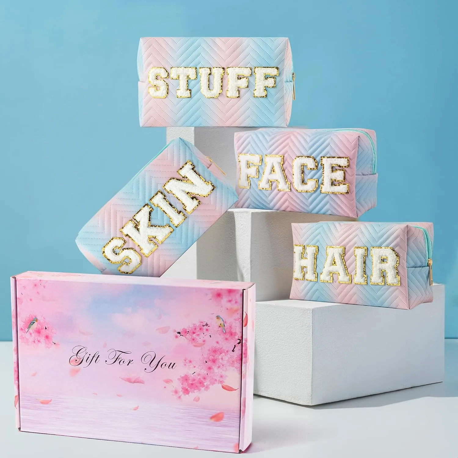 Y1tvei 4Pcs Preppy Patch Hair Skin Face Stuff Blue Pink Gradient Makeup Bag Set Chenille Letter Pouch Cute Patch Fantasy Cosmetic Bag Waterproof Travel Toiletry Bag Carry On Zipper Organizer for Women
