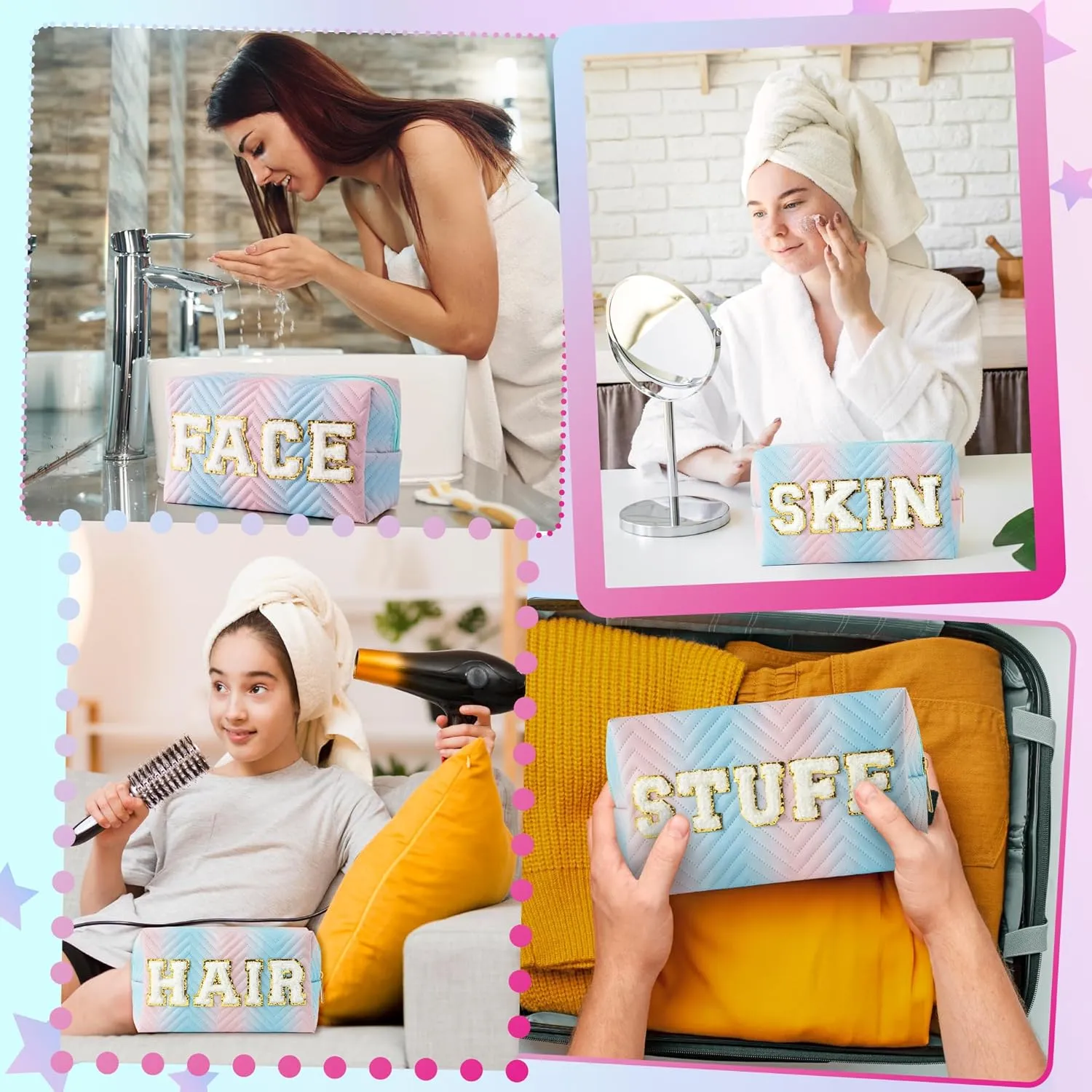 Y1tvei 4Pcs Preppy Patch Hair Skin Face Stuff Blue Pink Gradient Makeup Bag Set Chenille Letter Pouch Cute Patch Fantasy Cosmetic Bag Waterproof Travel Toiletry Bag Carry On Zipper Organizer for Women