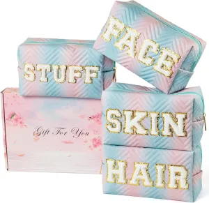 Y1tvei 4Pcs Preppy Patch Hair Skin Face Stuff Blue Pink Gradient Makeup Bag Set Chenille Letter Pouch Cute Patch Fantasy Cosmetic Bag Waterproof Travel Toiletry Bag Carry On Zipper Organizer for Women