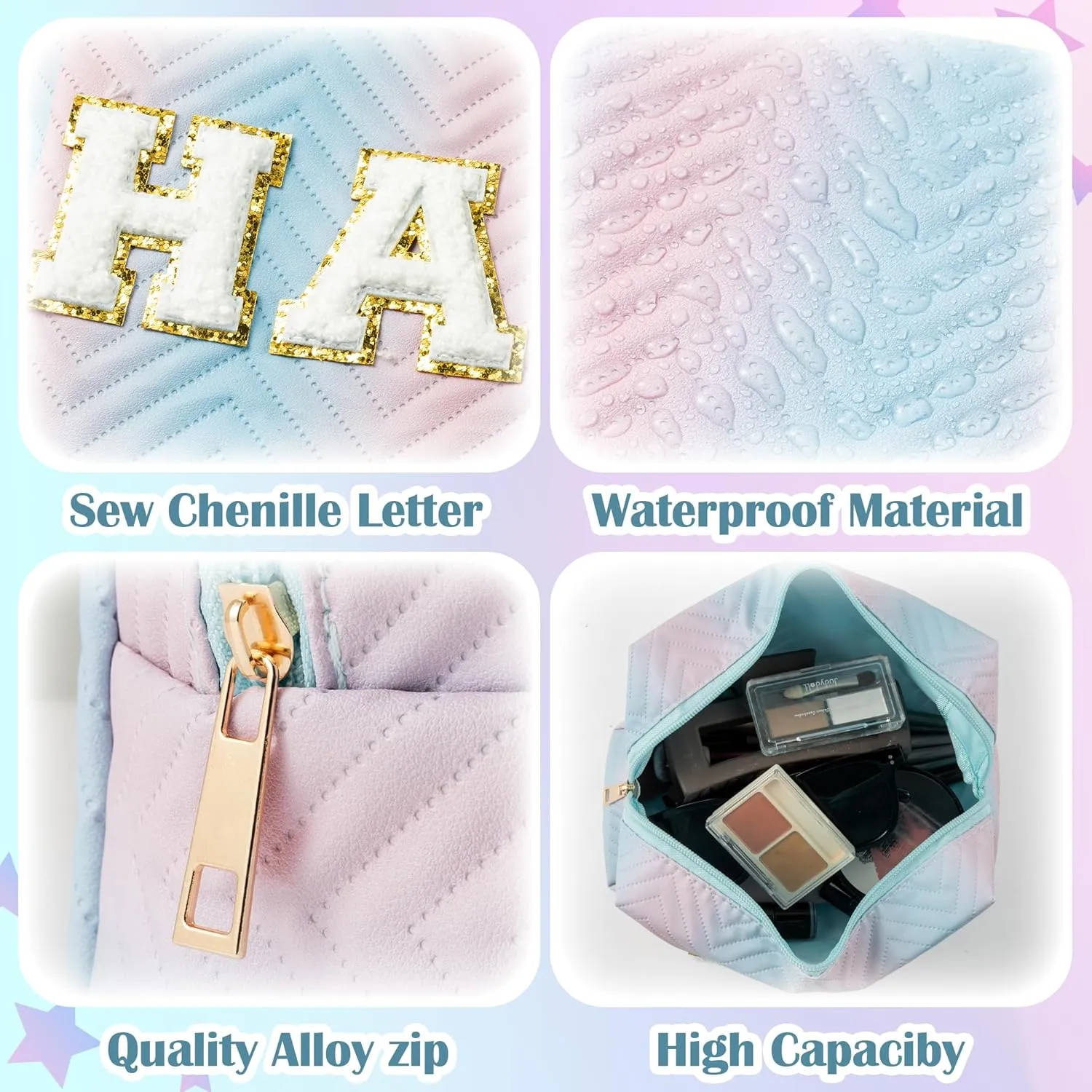 Y1tvei 4Pcs Preppy Patch Hair Skin Face Stuff Blue Pink Gradient Makeup Bag Set Chenille Letter Pouch Cute Patch Fantasy Cosmetic Bag Waterproof Travel Toiletry Bag Carry On Zipper Organizer for Women