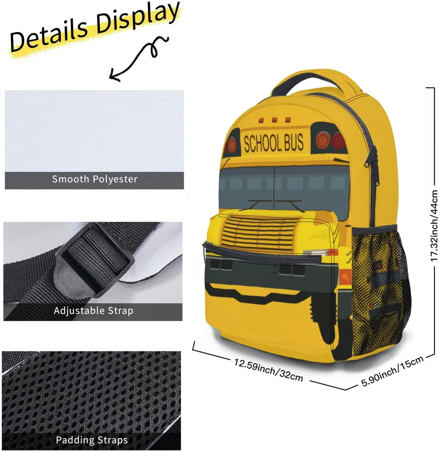 Yellow Bus Backpack With Adjustable Padded Shoulder Straps 17 Inch Daypacks For College Travel