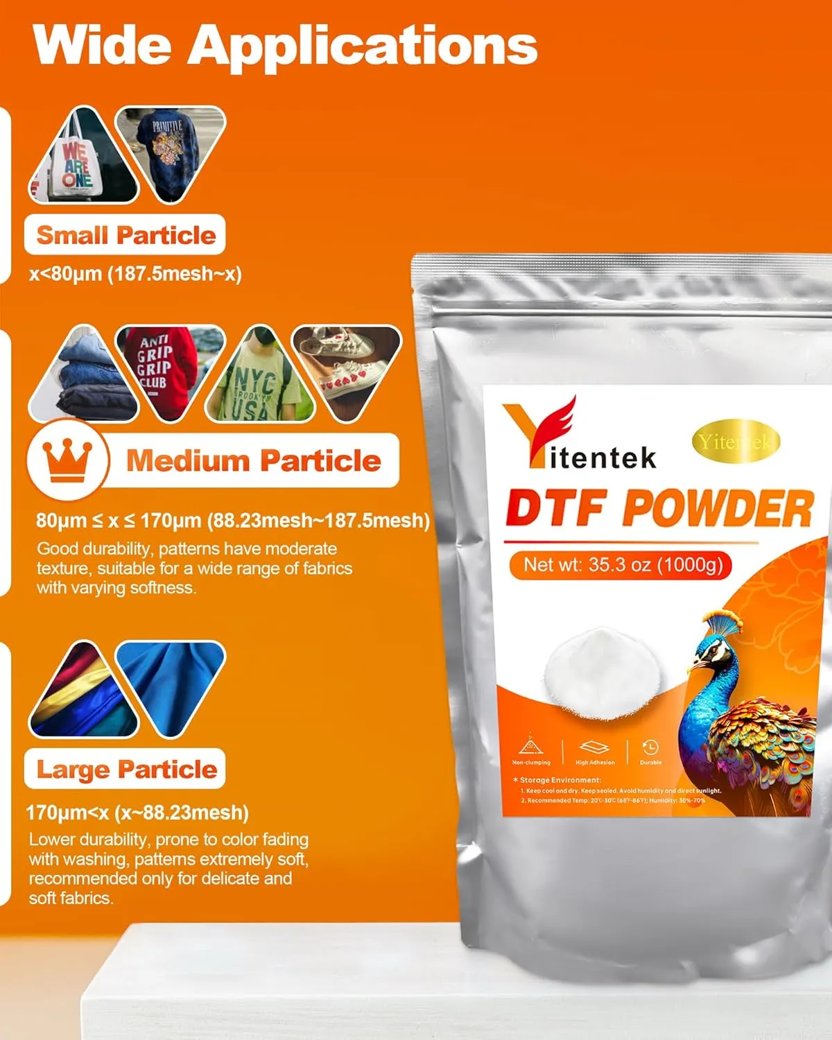 Yitentek DTF Powder - 1000g / 35.3oz White Digital Transfer Hot Melt Adhesive, DTF PreTreat Transfer Powder for All DTF and DTG Printers, DTF Hot Melt Adhesive Powder for All Fabric, 2.2LB