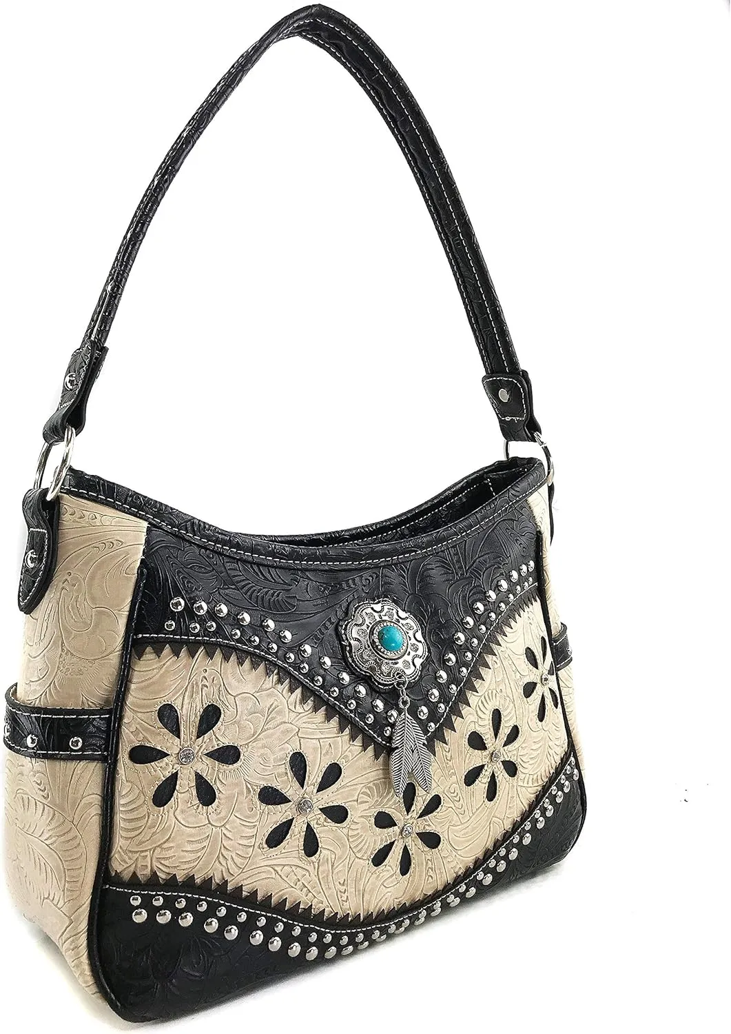 Zelris Floral Western Pu Tooled Leather Turquoise Concho Feathers Conceal Carry Women Hobo Purse Handbag