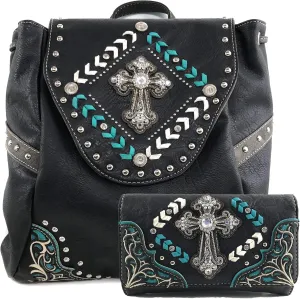 Zelris Western Country Cross Chevron Design Square Conceal Carry Rucksack Backpack with Matching Wallet Set