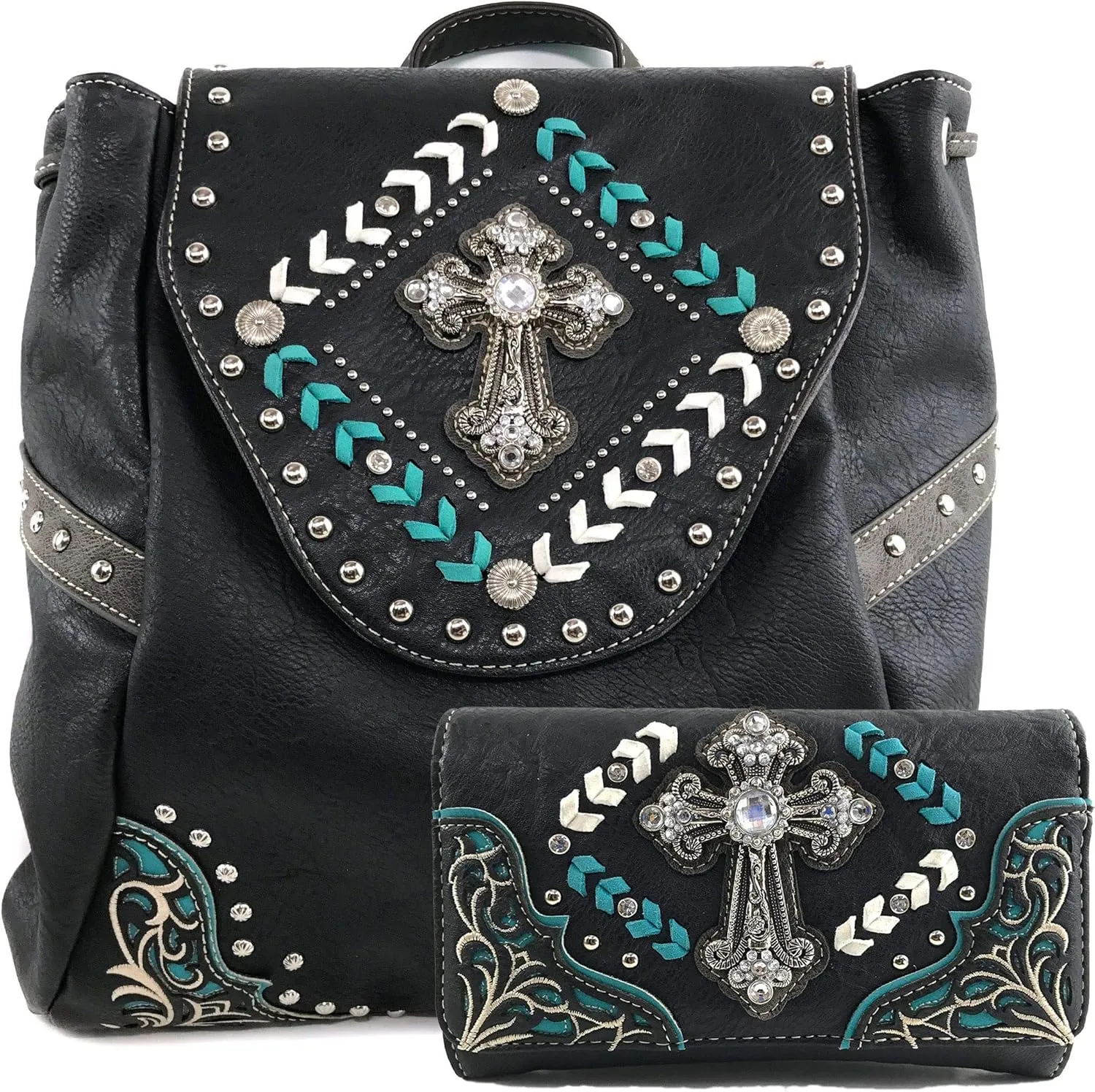 Zelris Western Country Cross Chevron Design Square Conceal Carry Rucksack Backpack with Matching Wallet Set