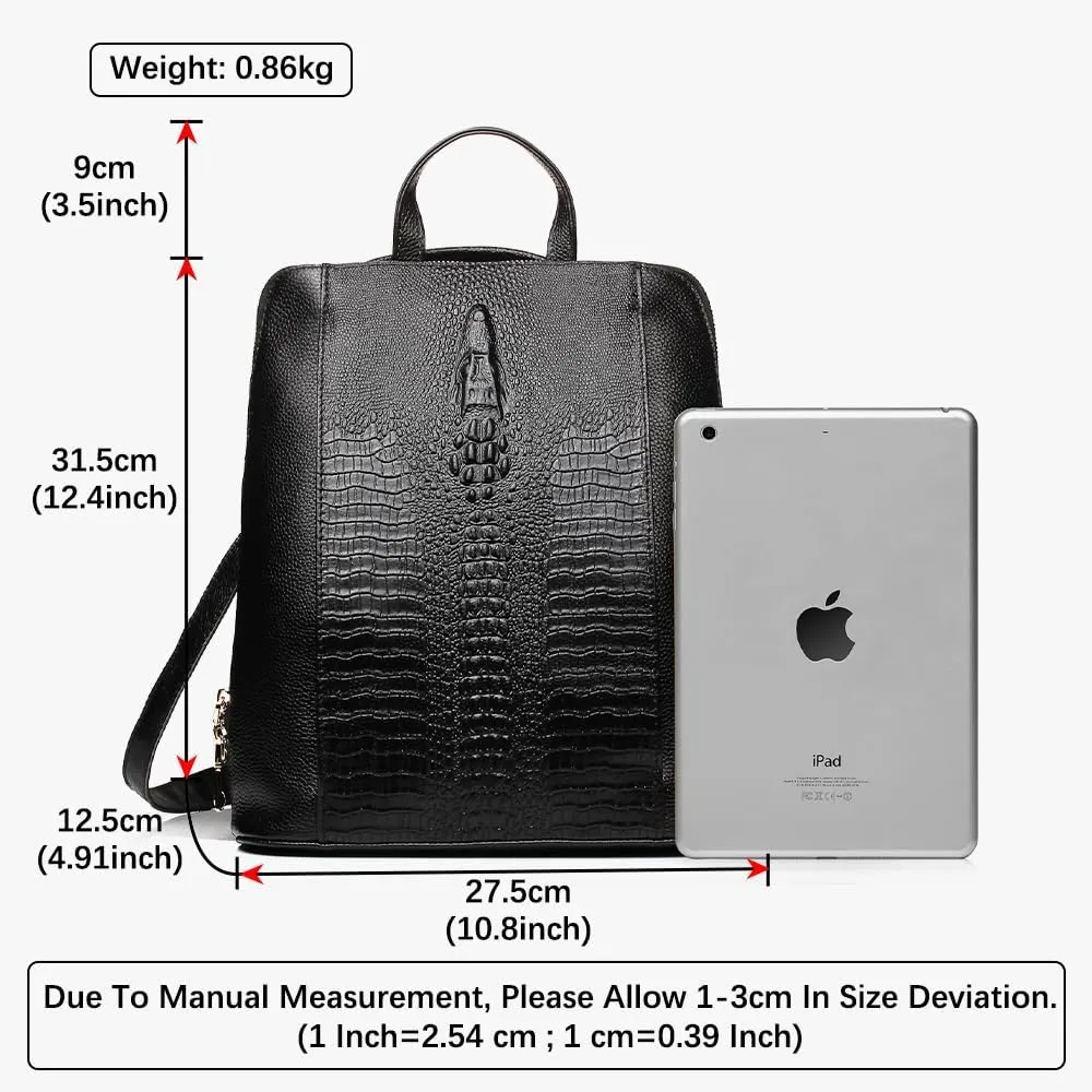 zency 100% Genuine Leather Knapsack Ladies Alligator Pattern Women Backpack For Work Laptop (black)