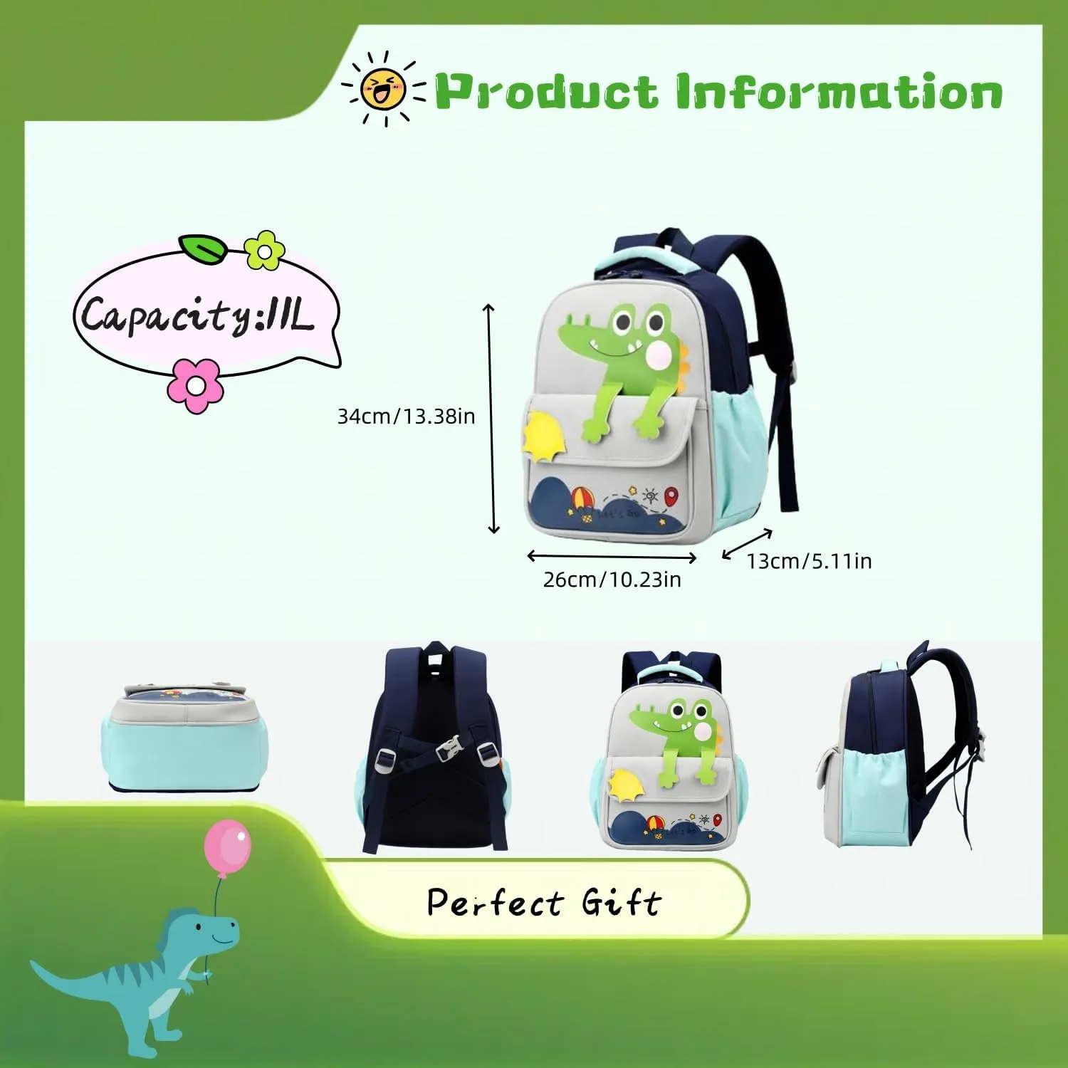 ZHANAO Toddler Backpack for Boys,Dinosaur Backpack for Kids Kindergarten Preschool Bookbag Toddler Boys&Girl School Bags,Light-gray