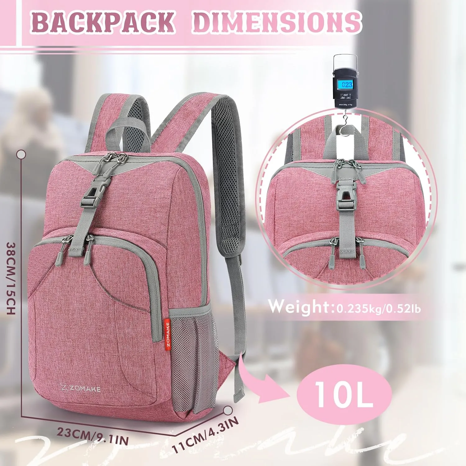 ZOMAKE Ultra Lightweight Backpack 10L, Small Hiking Daypack Water Resistant Travel Daybag Ultra Light Backpacks for Hiking (Pink)