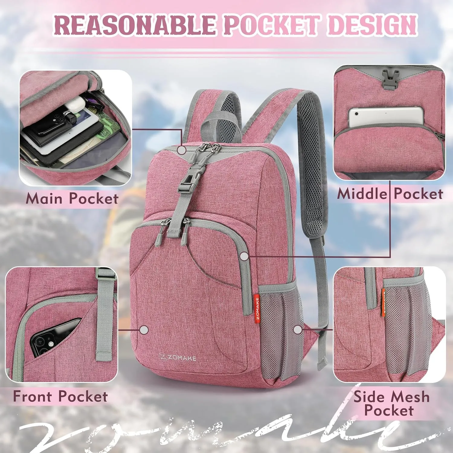 ZOMAKE Ultra Lightweight Backpack 10L, Small Hiking Daypack Water Resistant Travel Daybag Ultra Light Backpacks for Hiking (Pink)