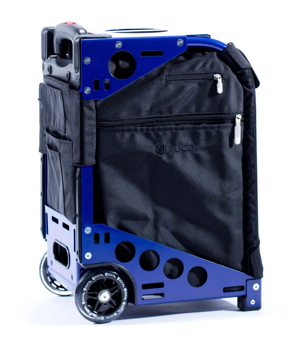 Zuca Pro Artist Wheeled Makeup Case - Black Insert Bag in Navy Blue Frame with 5 Vinyl Bags & Travel Cover - Graftobian Professional Makeup