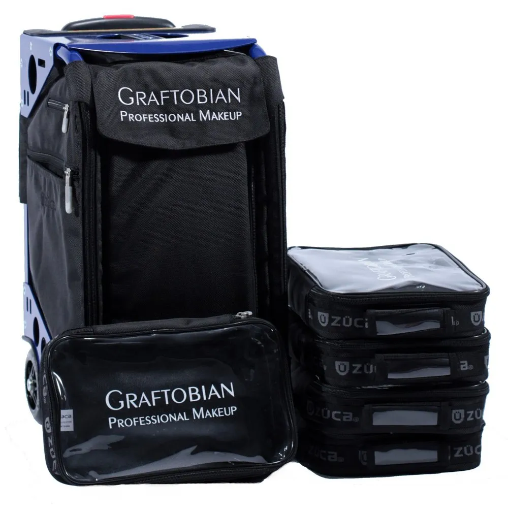Zuca Pro Artist Wheeled Makeup Case - Black Insert Bag in Navy Blue Frame with 5 Vinyl Bags & Travel Cover - Graftobian Professional Makeup