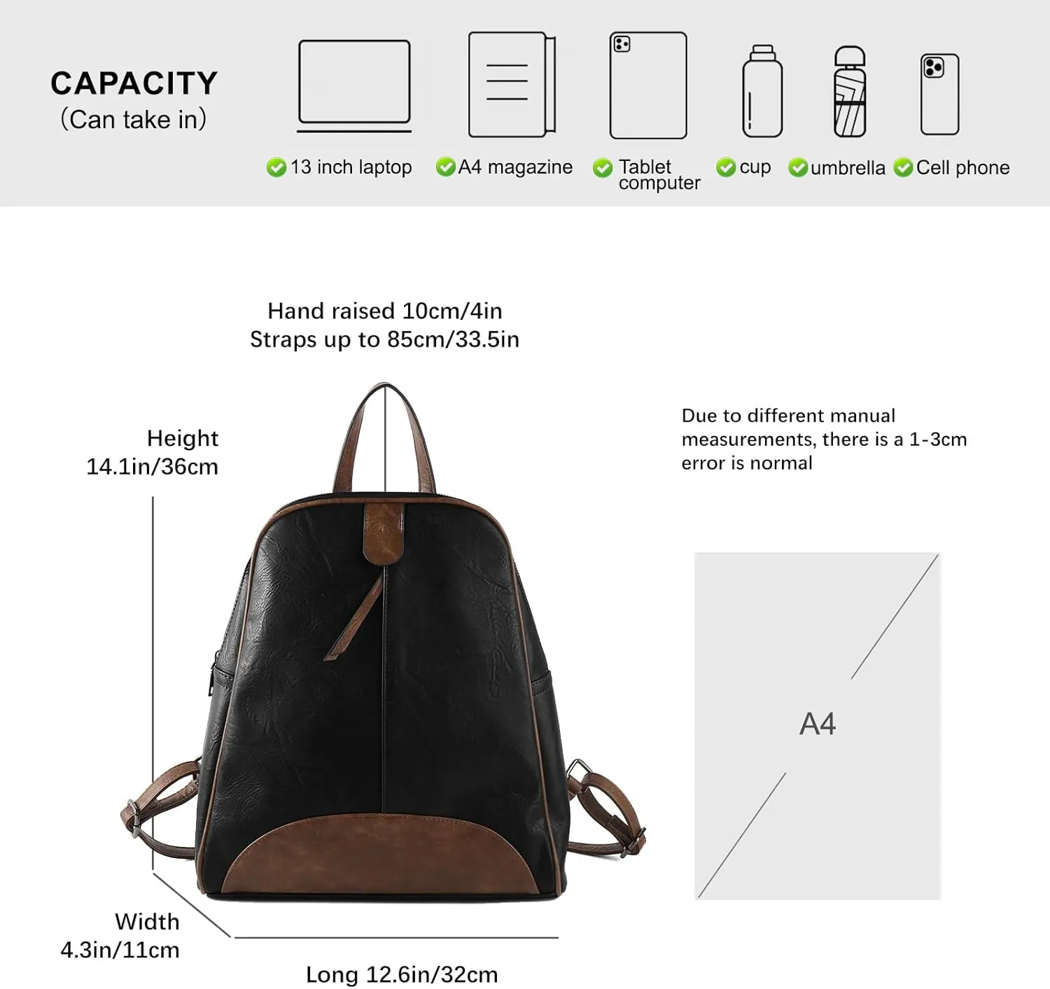 ZWSHEXUAN Vintage Style Leather Backpack Womens Backpack Travel Fashion Designer Ladies Shoulder Bags with Wristlet (Black)