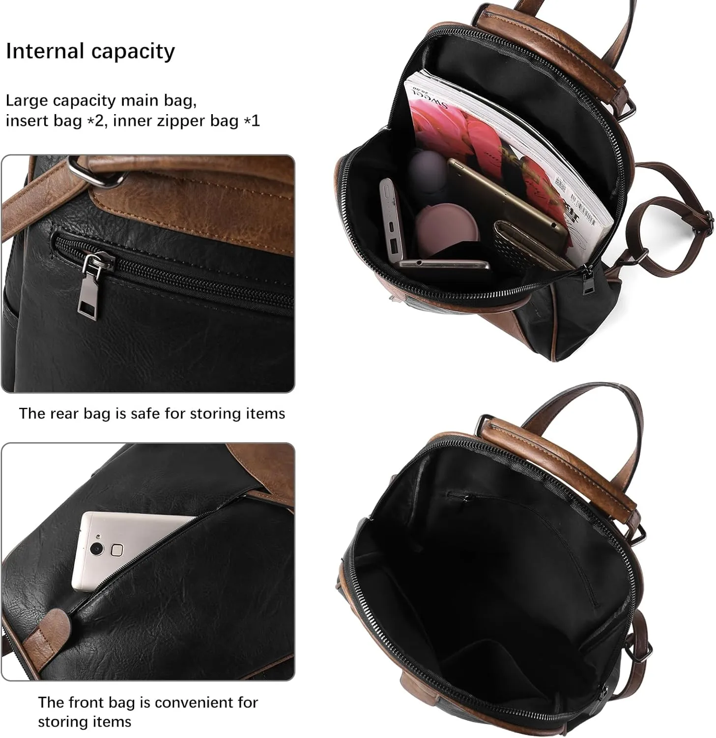 ZWSHEXUAN Vintage Style Leather Backpack Womens Backpack Travel Fashion Designer Ladies Shoulder Bags with Wristlet (Black)
