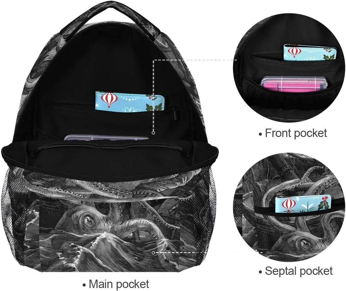 ZZKKO Sea Monster Kraken Black and White Boys Girls School Computer Backpacks Book Bag Travel Hiking Camping Daypack