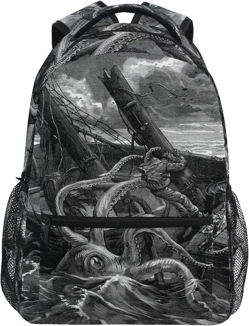 ZZKKO Sea Monster Kraken Black and White Boys Girls School Computer Backpacks Book Bag Travel Hiking Camping Daypack