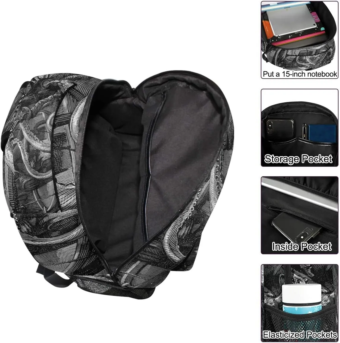 ZZKKO Sea Monster Kraken Black and White Boys Girls School Computer Backpacks Book Bag Travel Hiking Camping Daypack