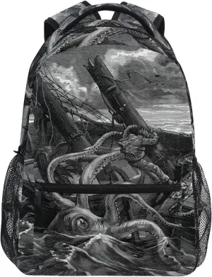 ZZKKO Sea Monster Kraken Black and White Boys Girls School Computer Backpacks Book Bag Travel Hiking Camping Daypack